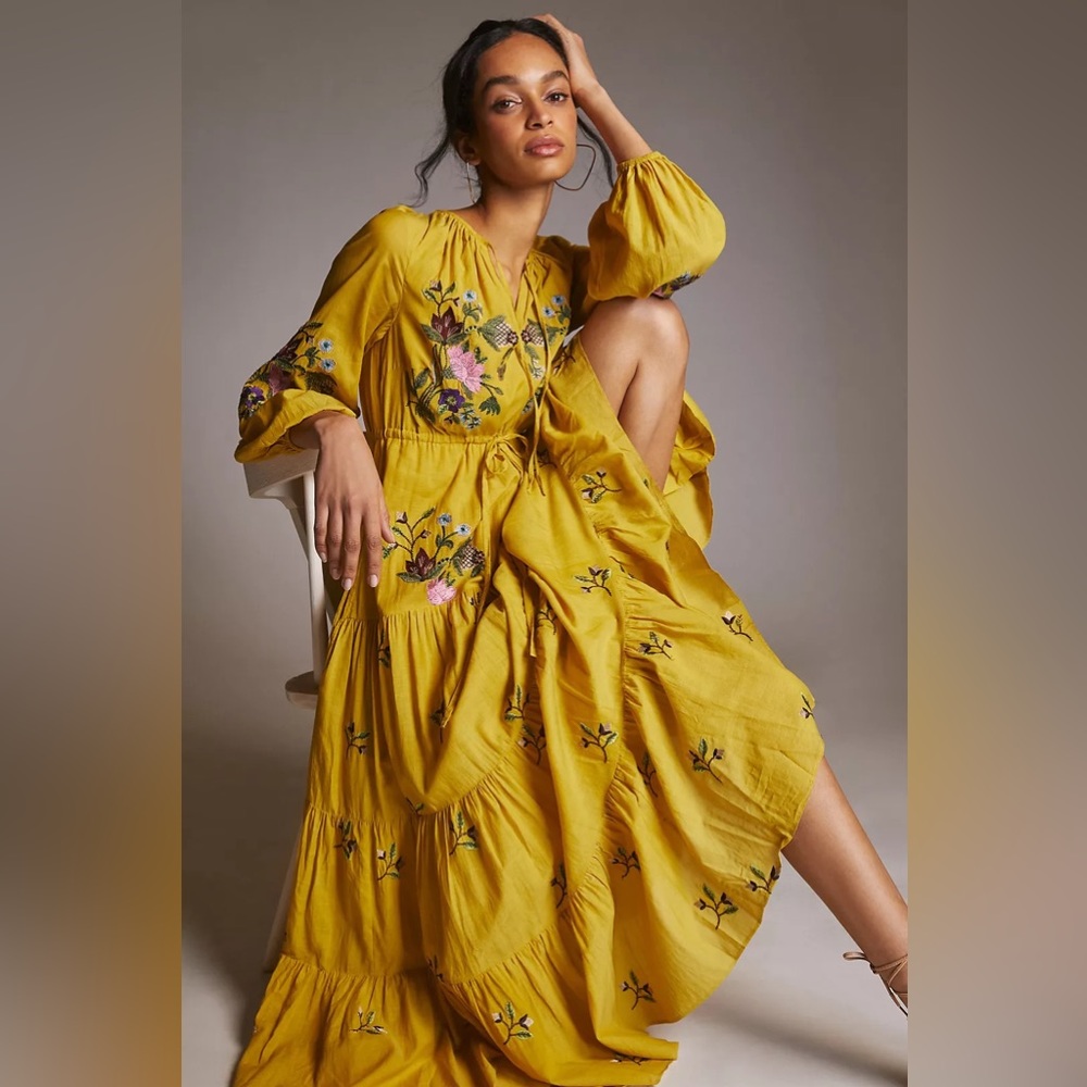 Anthropologie Samant Chauhan Embroidered Floral V-Neck Maxi Dress